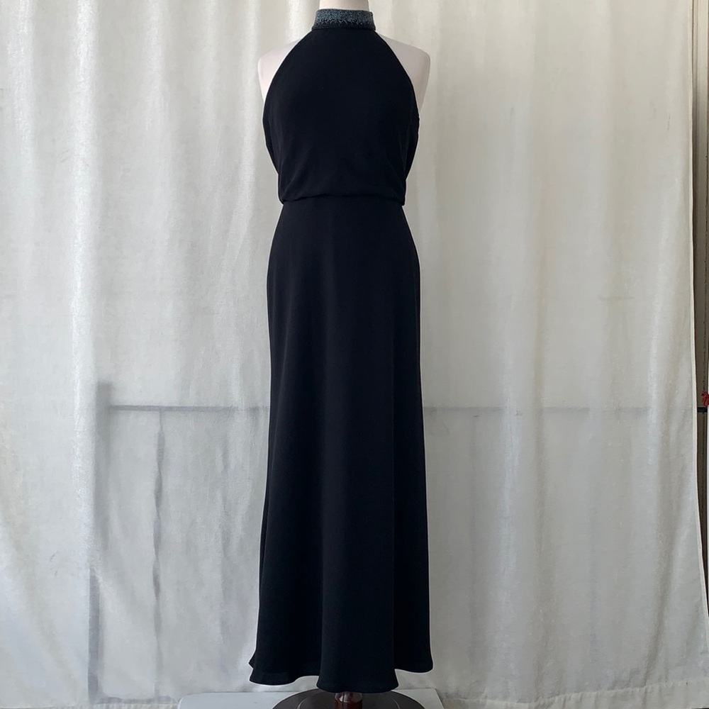 Jones New York Black Chiffon Beaded Neck Evening Gown Formal Attire Maxi Dress